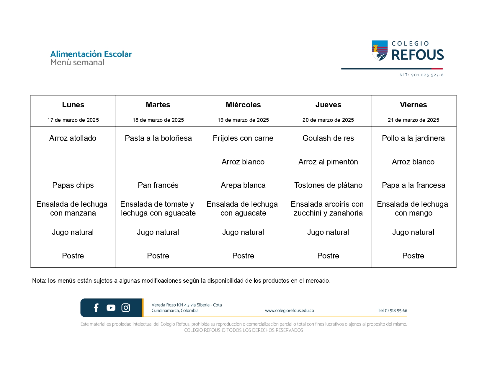 17 al 21 de marzo de 2025 - Alimentación escolar