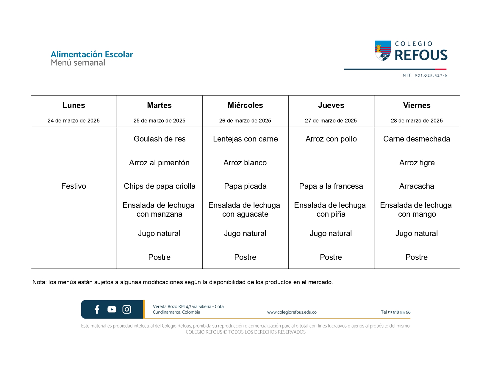 24 al 28 de marzo de 2025 - Alimentación escolar