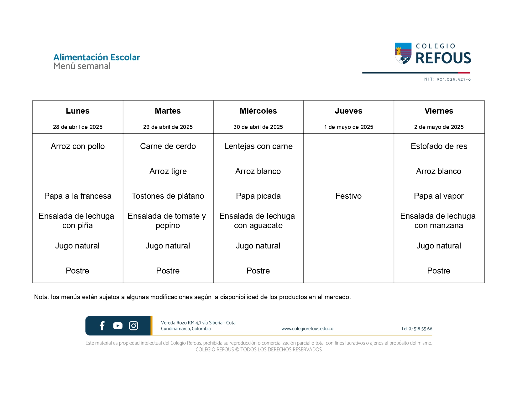28 de abril al 2 de mayo de 2025 - Alimentación escolar