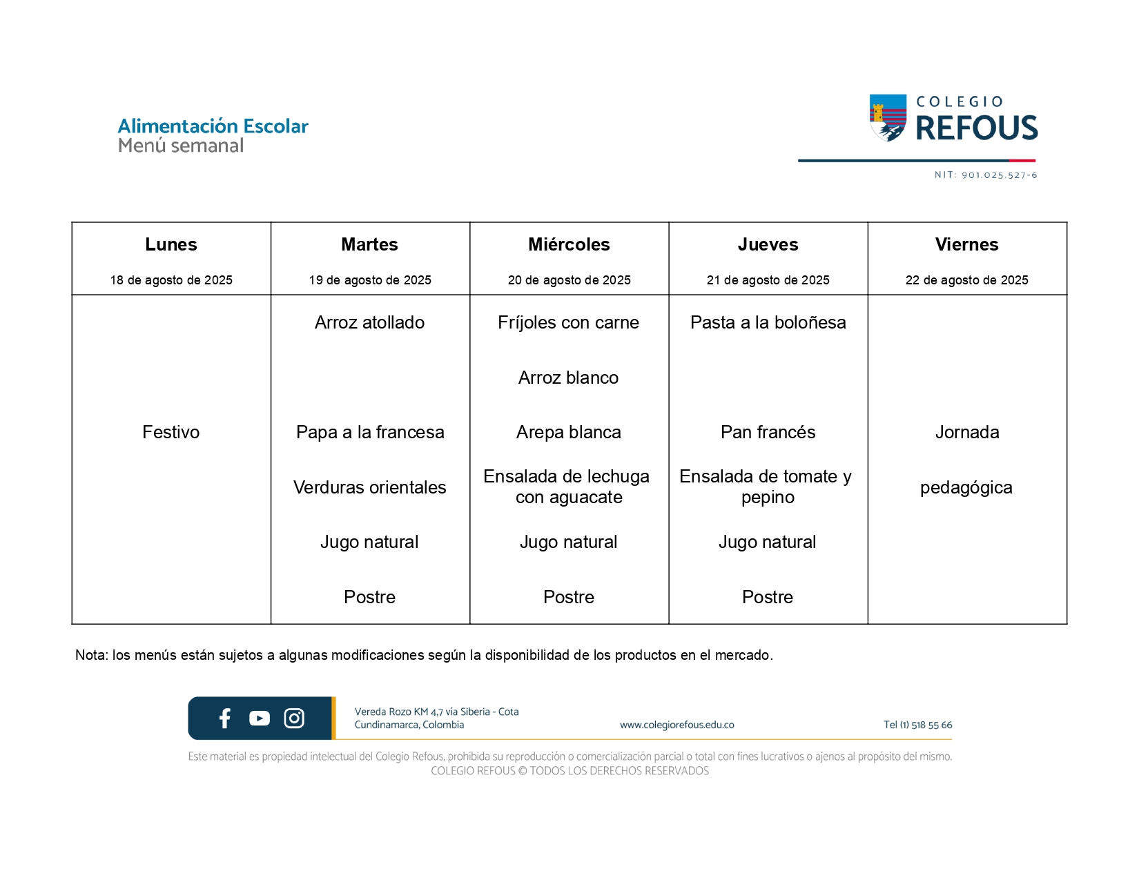 18 al 22 de agosto de 2025 - Alimentación escolar