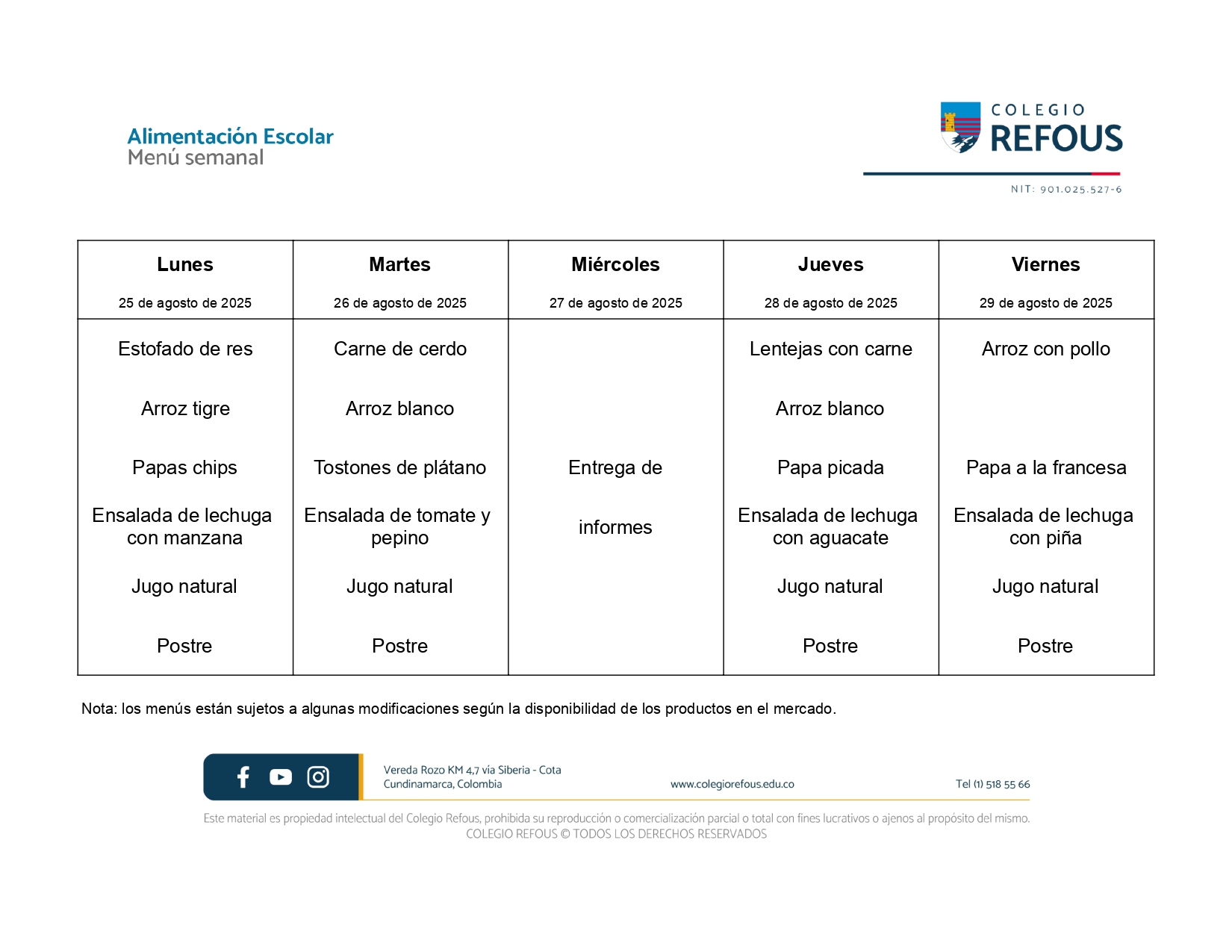 25 al 29 de agosto de 2025 - Alimentación escolar