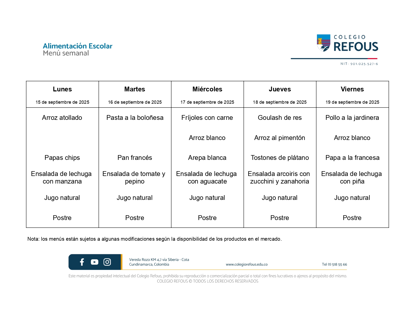 15 al 19 de septiembre de 2025 - Alimentación escolar