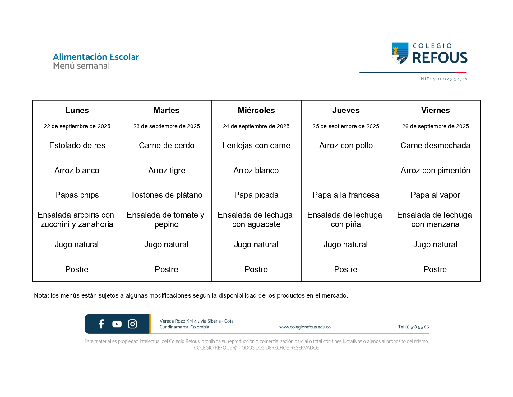 22 al 26 de septiembre de 2025 - Alimentación escolar