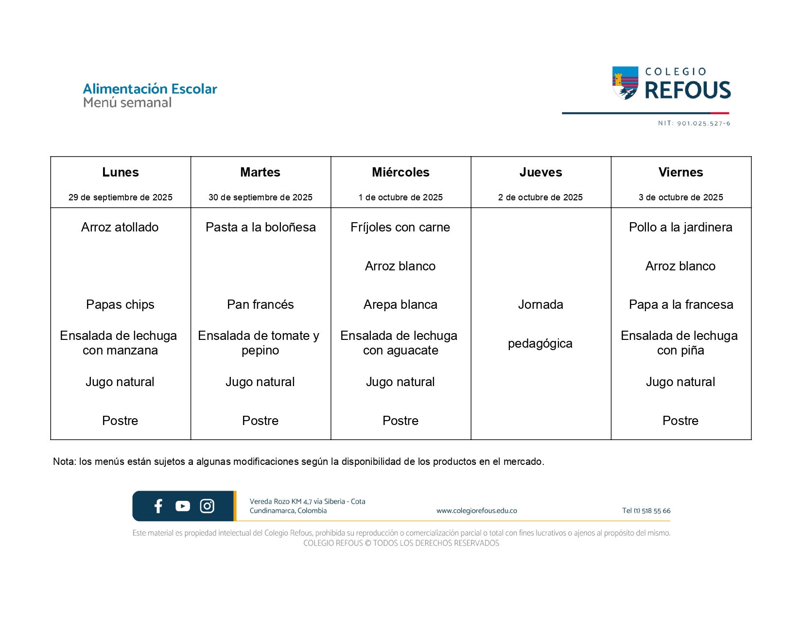 29 de septiembre al 3 de octubre de 2025 - Alimentación escolar