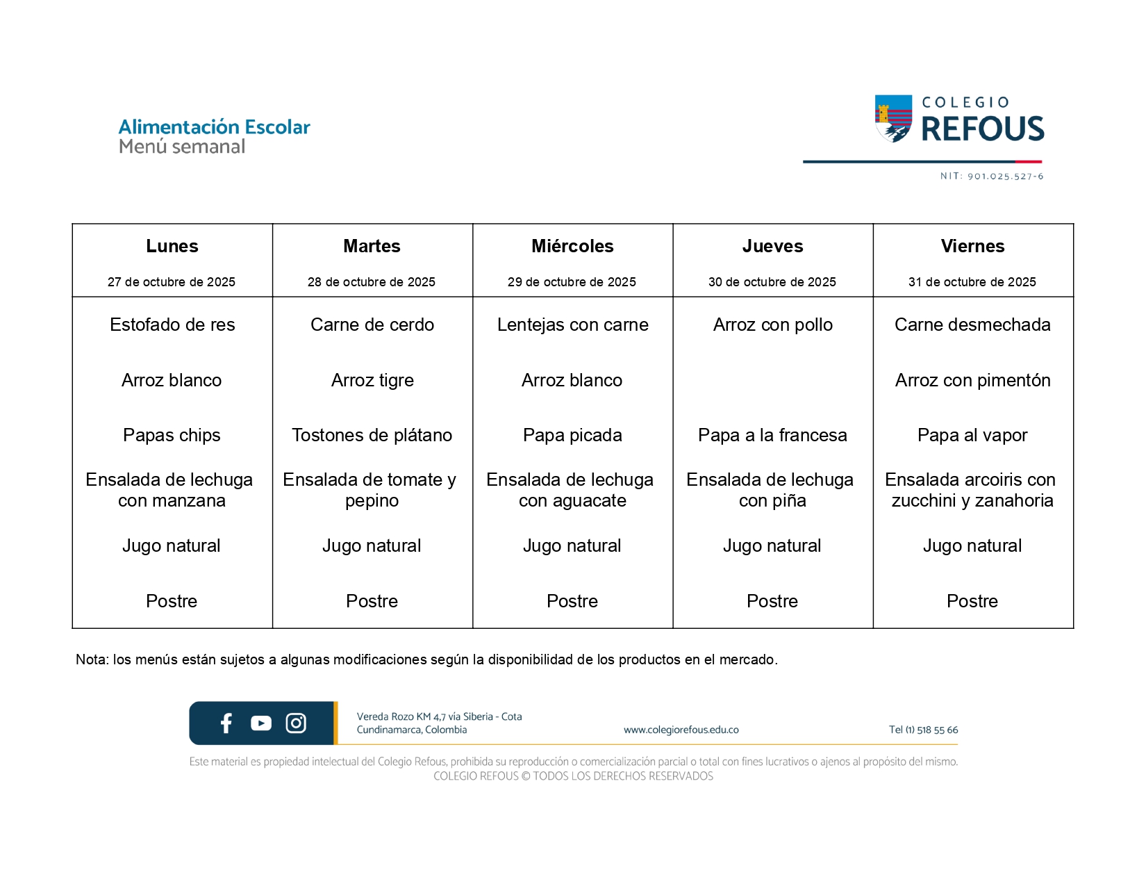 27 al 31 de octubre de 2025 - Alimentación escolar