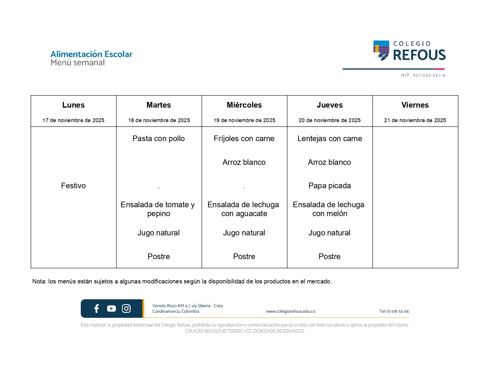 17 al 21 de noviembre de 2025 - Alimentación escolar