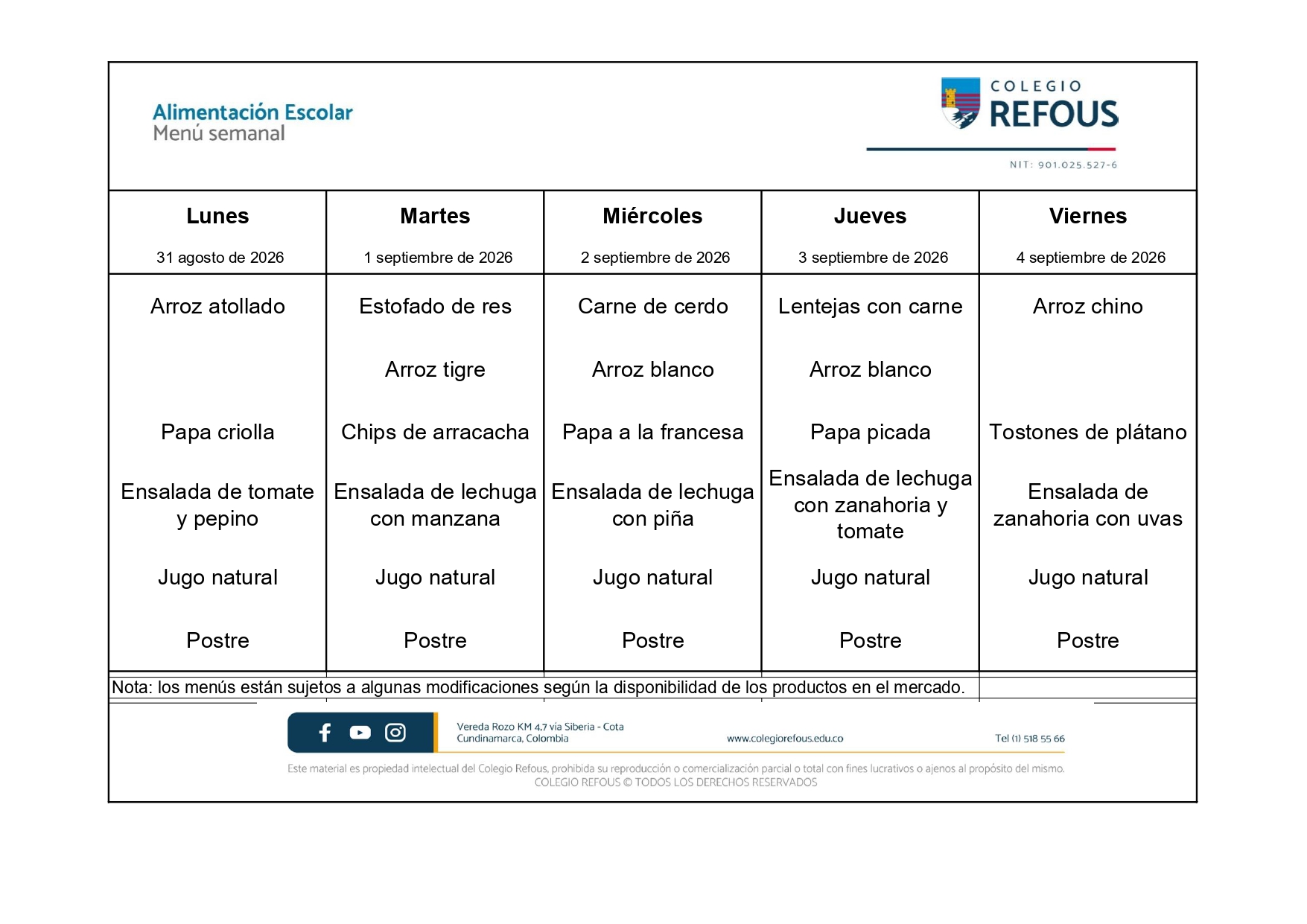 31 de agosto al 4 de septiembre de 2026 - Alimentación escolar